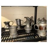 3 pewter mugs, 2 pitchers and stein