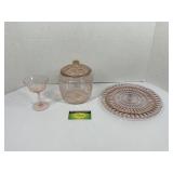 3 Pieces Of Pink Glass Dishware