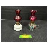 2 Vintage Miniature Oil Lamps Milk Glass / Red &