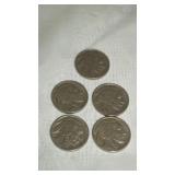 Set of Five 1930 Buffalo Nickels