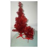 Two Red Tinsel Tabletop Christmas Trees