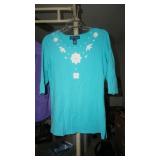 Susan Graver Teal with Flowers Shirt Size S