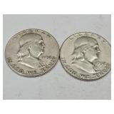 2- 1952 Franklin Silver Half Dollar Coins