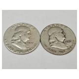 2-  1953 S Franklin Silver Half Dollar Coins