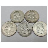 5- Franklin Silver Half Dollar Coins