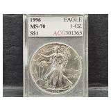 Graded 1996 Silver Eagle Dollar Coin MS 70