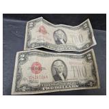 2 Two Dollar Red Seal Currency Notes See Pictures