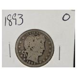 1893 O Silver Barber Quarter