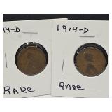 2- 1914 D Lincoln Wheat Pennies