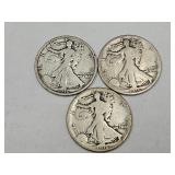 3- 1916 Walking Liberty Silver Half Dollars