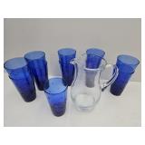 Cobat Blue Glasses & Clear Gass Pitcher