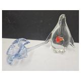 6" h Penguin w Fish  Paperweight & 8" Glass Flower