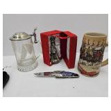 Pocket Knife, Silver Plated Bell & Beerr Steins