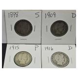 4- Barber Silver Quarters 1898,1909,15,16