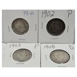 4 Barber Silver Quarters 1899,1902,03,08 See Marks