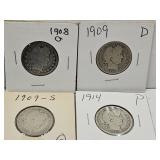 4- Barber Silver Quarters 1908,09,14  See Marks