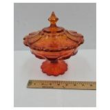 MCM Orange Glass Candy Dish w Lid 8" h