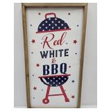 Metal Frame Sign RED, WHITE & BBQ 16 x 30"h