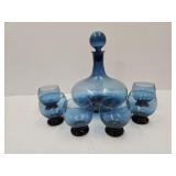 Vintage Mid Century Blue Glass Decanter & Glasses