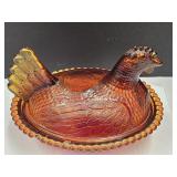 Amber Painted Glass Hen on a Nest 7" L