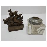 Vintage Ink Well & Cast Iron Ship Bookend