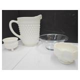 Hobnail Milk Glass Pitcher, Fire King Bowl, Westm+