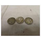 3 Silver Mercury Head Dimes 1941 - 1943S - 1945