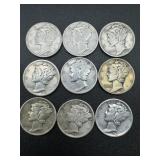 9 Mercury Silver Dimes (variety of dates)