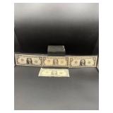 4 various 1 dollar bills note serial number