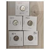 (5) Silver Roosevelt Dimes - (3) 1964, 1954 & 1956