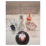 Various Glassware, Pottery, Glass Oil Lamp, & KEM