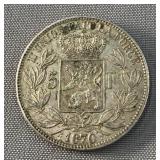 1870 Belgium 5 francs .800 silver, .800 argent