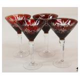 Red Cut To Clear Crystal Martini Glasses / 4 pc