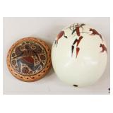 Painted Ostrich Egg / Clay Box / 2 pc