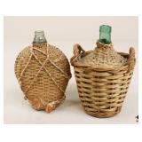 Green & Clear Glass Demijohn Bottles in Wicker