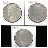 1922 P,D,S Silver Peace Dollars (BU) (3)