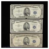 1953-A $5 Silver Certificates Blue Seal XF+ (3)