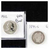 1899-S Silver Barber & 1962 Washington Quarters -2