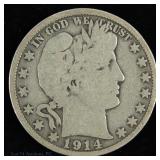 1914 USA Silver Barber Half Dollar - Key Date (VG)