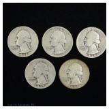 1935 - 1939 USA 90%-Silver Washington Quarters (5)