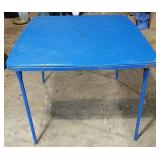 Folding Blue Vinyl Top Card Table With Metal Legs