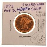 1893 $5 Gold Liberty Head Uncirculated Gold Coin