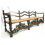 Unusual Antique Wood Carved Bench with Cane Seat