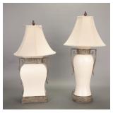 PAIR TUSCAN POTTERY LAMPS GREEK URN FORM