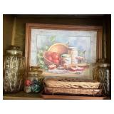 Kitchen Decor Framed Art Jars Basket and Serving Tray