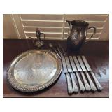 Silver Plated Water Pitcher, Oil Decanter, Serving Tray, Miscellaneous Utensils