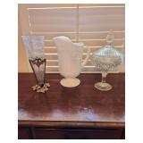 Cracked Glass Flower Bud Vase, Milk Glass Pitcher and Candy Dish w/ Lid