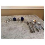 Salt & Pepper Shakers with Blue Glass Inserts and Assorted Utensils