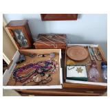 2 Jewelery Boxes, Assorted Costume Jewelery and Other Trinkets