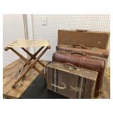 Set of 4 vintage luggage and a stand